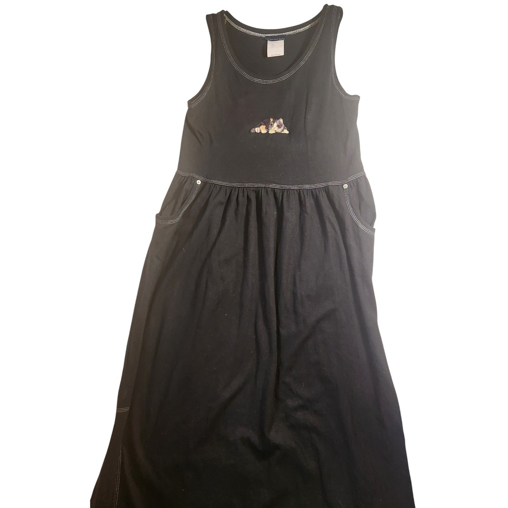Vintage Carrina Belle Black Cat Embroidery Maxi Dress Sleeveless Pockets Medium
